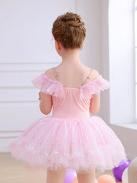 Girls Pink Snowflake Lace Ballet Tutu Dress, Ruffle Sleeve Dance Costume-ALP057
