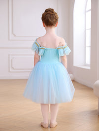 Girls Floral Embroidery Flutter Sleeve Ballet Leotard Princess Tutu Dress-ALP060