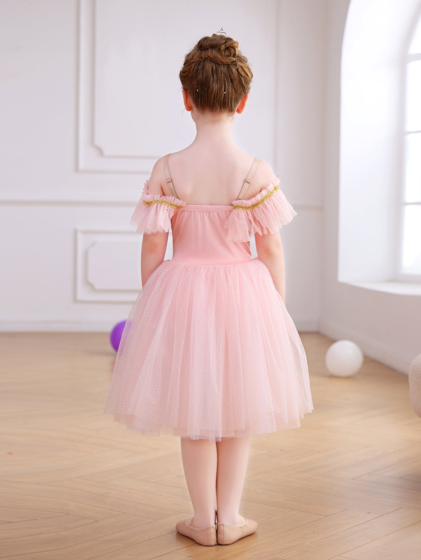 Girls Floral Embroidery Flutter Sleeve Ballet Leotard Princess Tutu Dress-ALP060