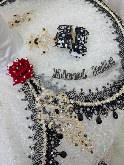 An elegant white ballet tutu adorned with lace and sequin embellishments.-MDT1282