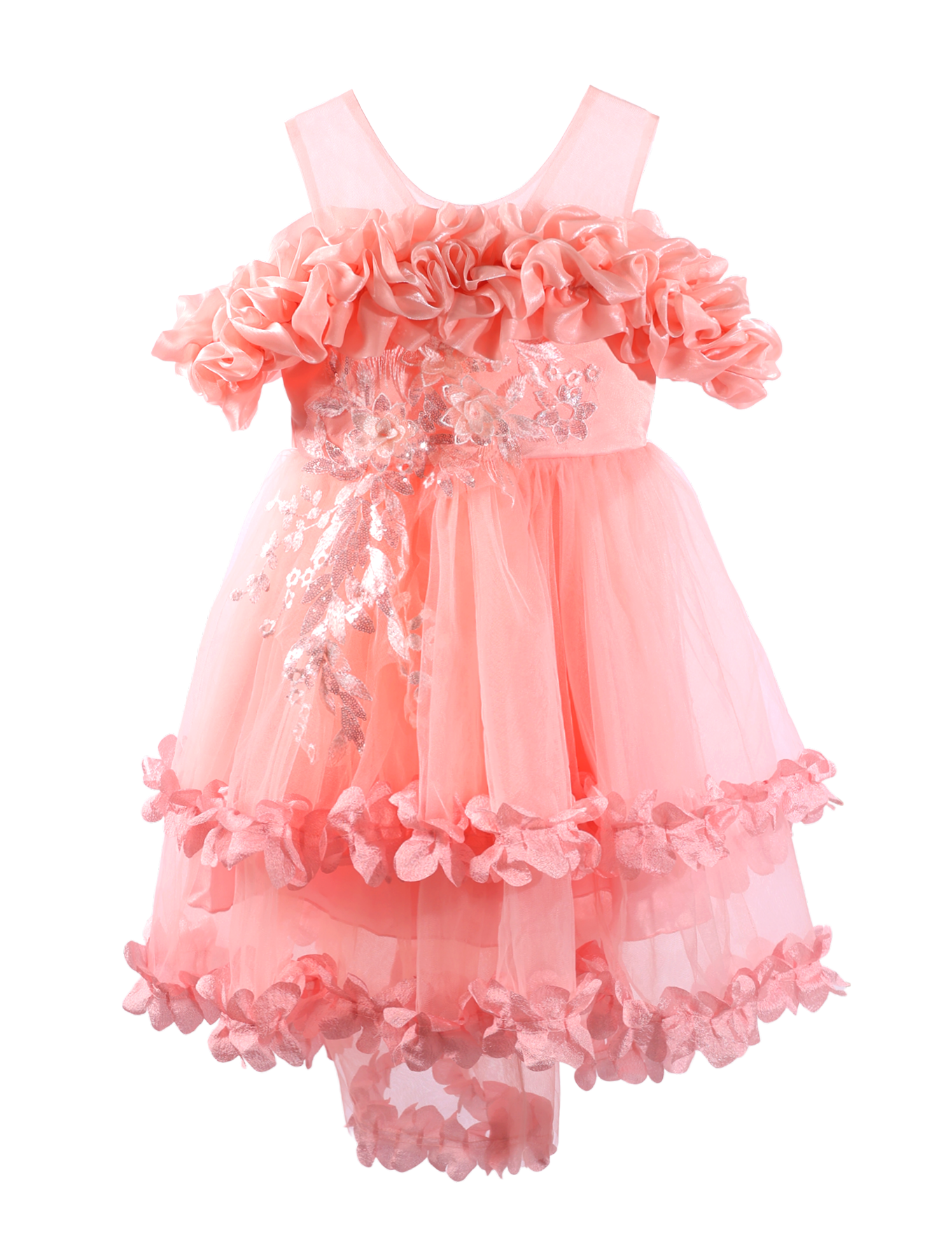 Girls Pink 3D Flower Ruffle Princess Dress Gown-XGZ9006