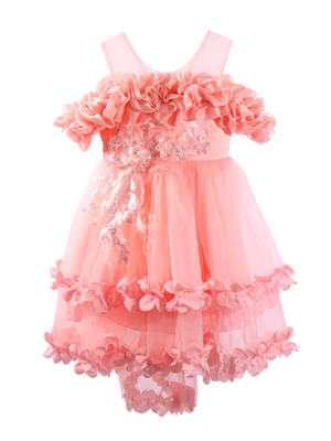Girls Pink 3D Flower Ruffle Princess Dress Gown-XGZ9006