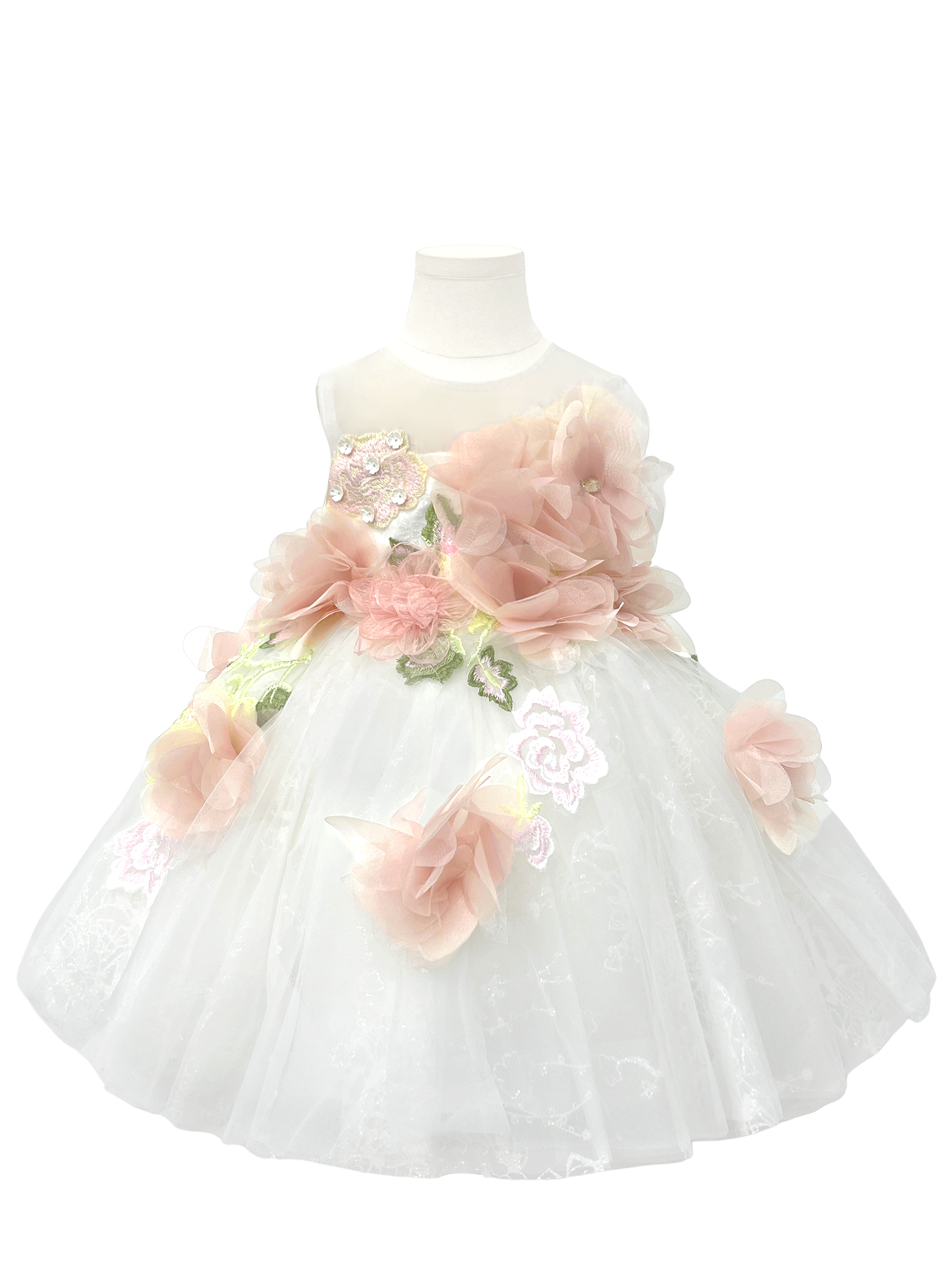 Handcrafted Blush Floral Appliqué White Tulle Flower Girl Gown-J246