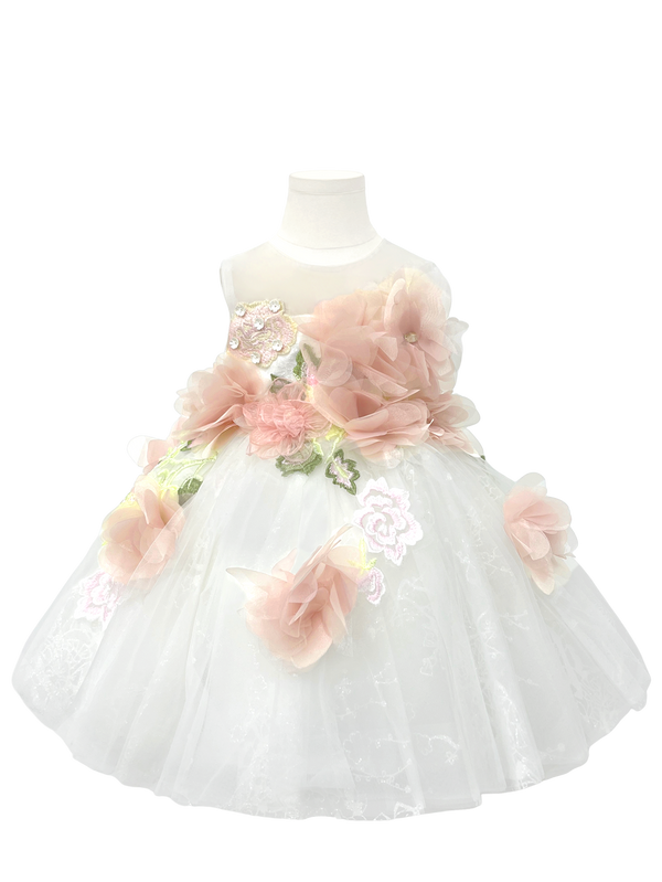 Handcrafted Blush Floral Appliqué White Tulle Flower Girl Gown-J246