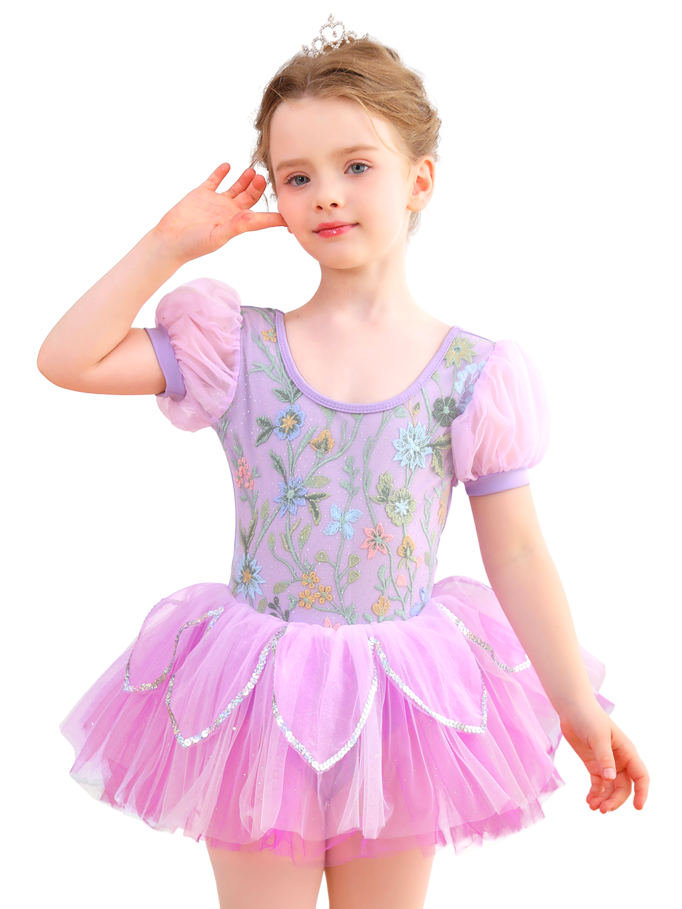 Girls Floral Embroidery Ballet Tutu Dress, Puff Sleeve Dance Costume-ALP045