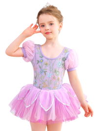 Girls Floral Embroidery Ballet Tutu Dress, Puff Sleeve Dance Costume-ALP045