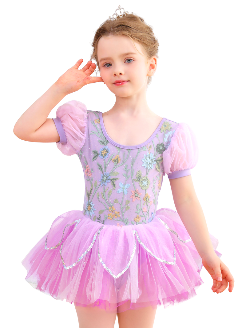Girls Floral Embroidery Ballet Tutu Dress, Puff Sleeve Dance Costume-ALP045