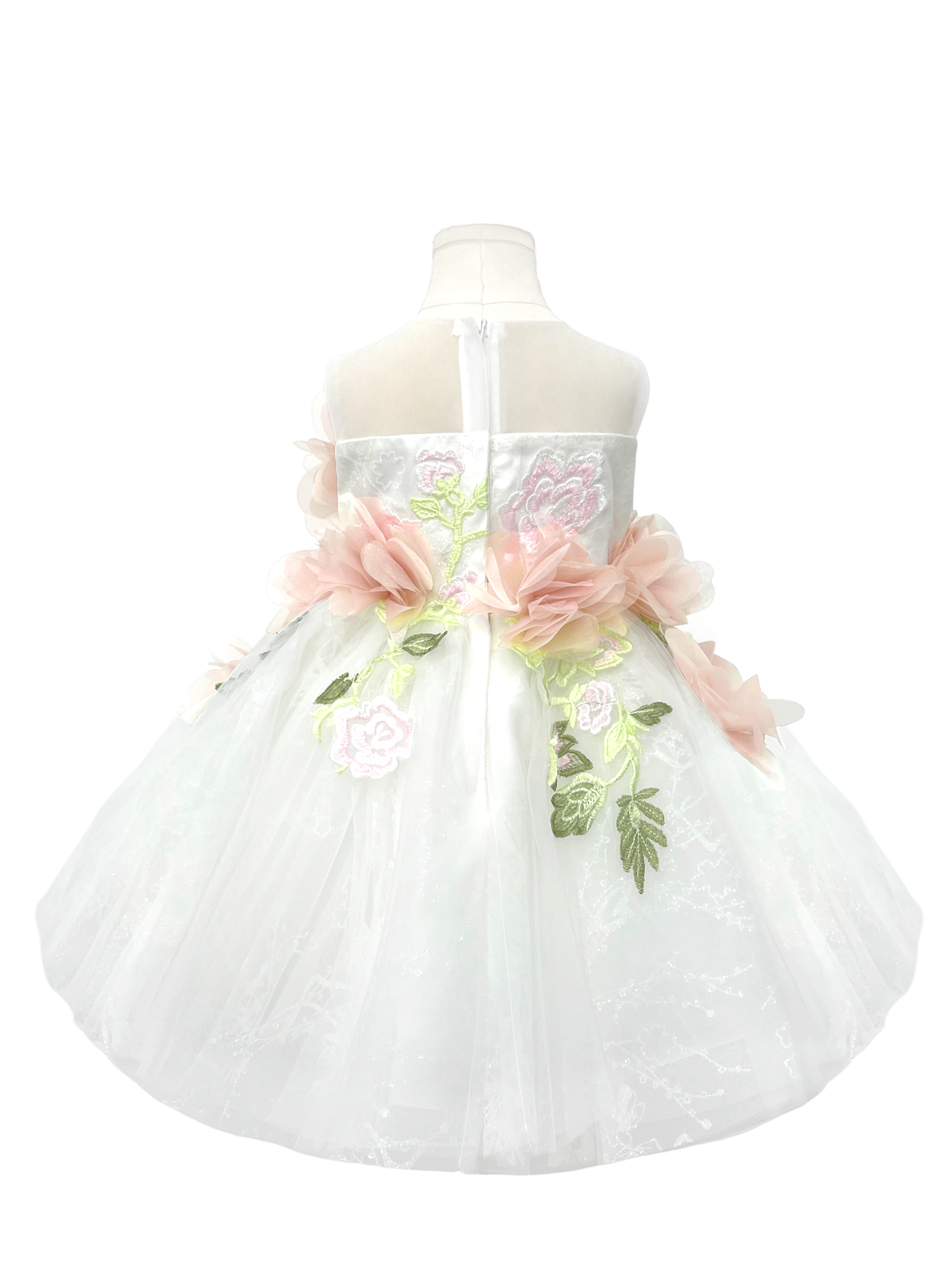 Handcrafted Blush Floral Appliqué White Tulle Flower Girl Gown-J246