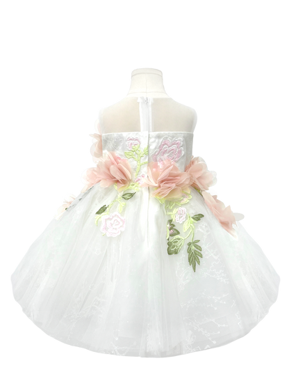 Handcrafted Blush Floral Appliqué White Tulle Flower Girl Gown-J246