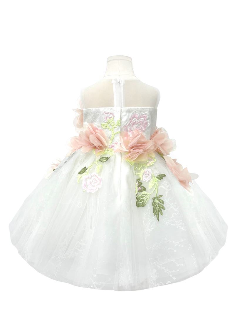 Handcrafted Blush Floral Appliqué White Tulle Flower Girl Gown-J246