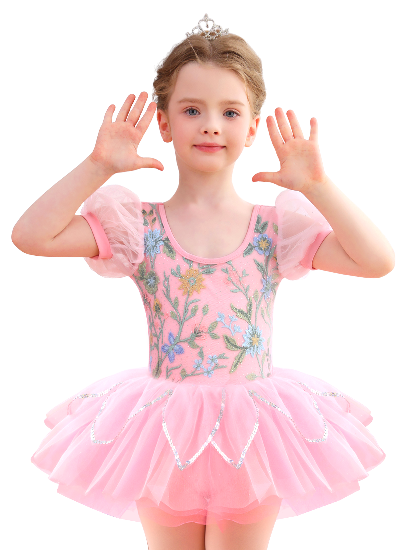 Girls Floral Embroidery Ballet Tutu Dress, Puff Sleeve Dance Costume-ALP045