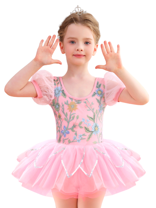 Girls Floral Embroidery Ballet Tutu Dress, Puff Sleeve Dance Costume-ALP045