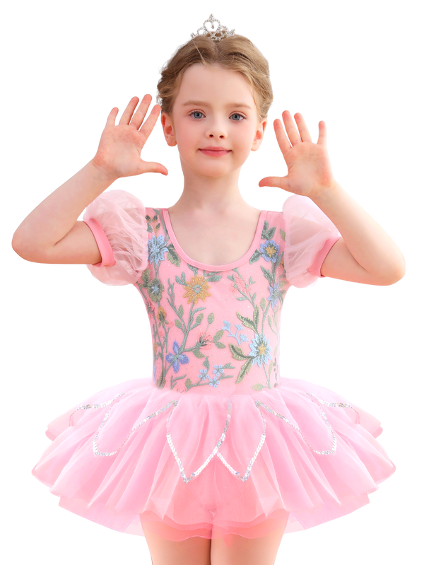 Girls Floral Embroidery Ballet Tutu Dress, Puff Sleeve Dance Costume-ALP045