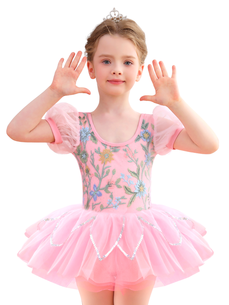 Girls Floral Embroidery Ballet Tutu Dress, Puff Sleeve Dance Costume-ALP045