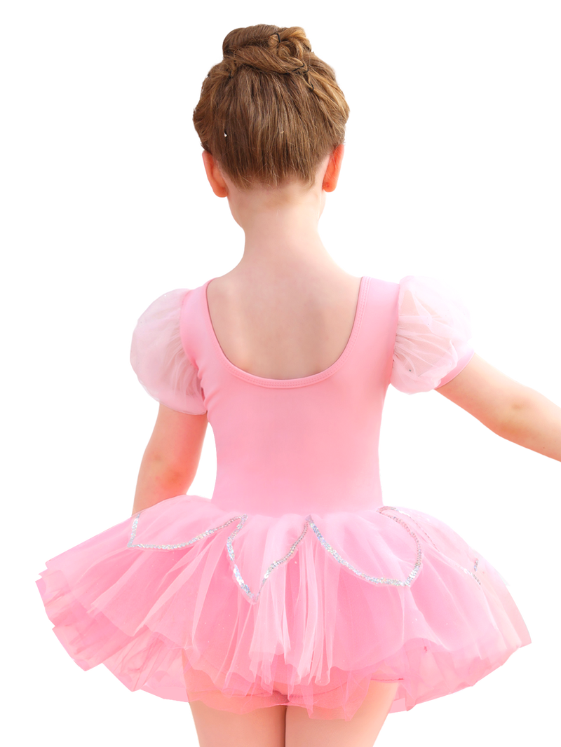 Girls Floral Embroidery Ballet Tutu Dress, Puff Sleeve Dance Costume-ALP045