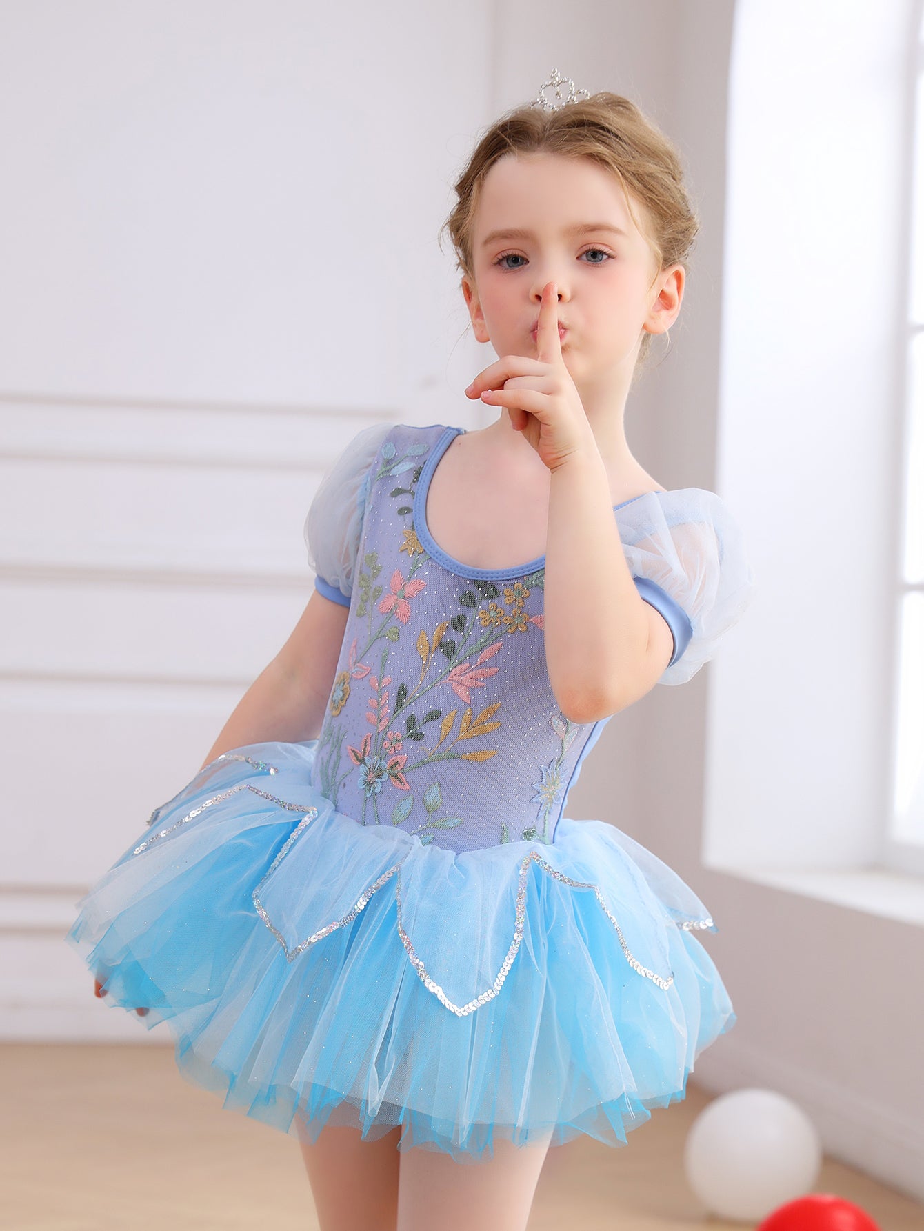 Girls Floral Embroidery Ballet Tutu Dress, Puff Sleeve Dance Costume-ALP045