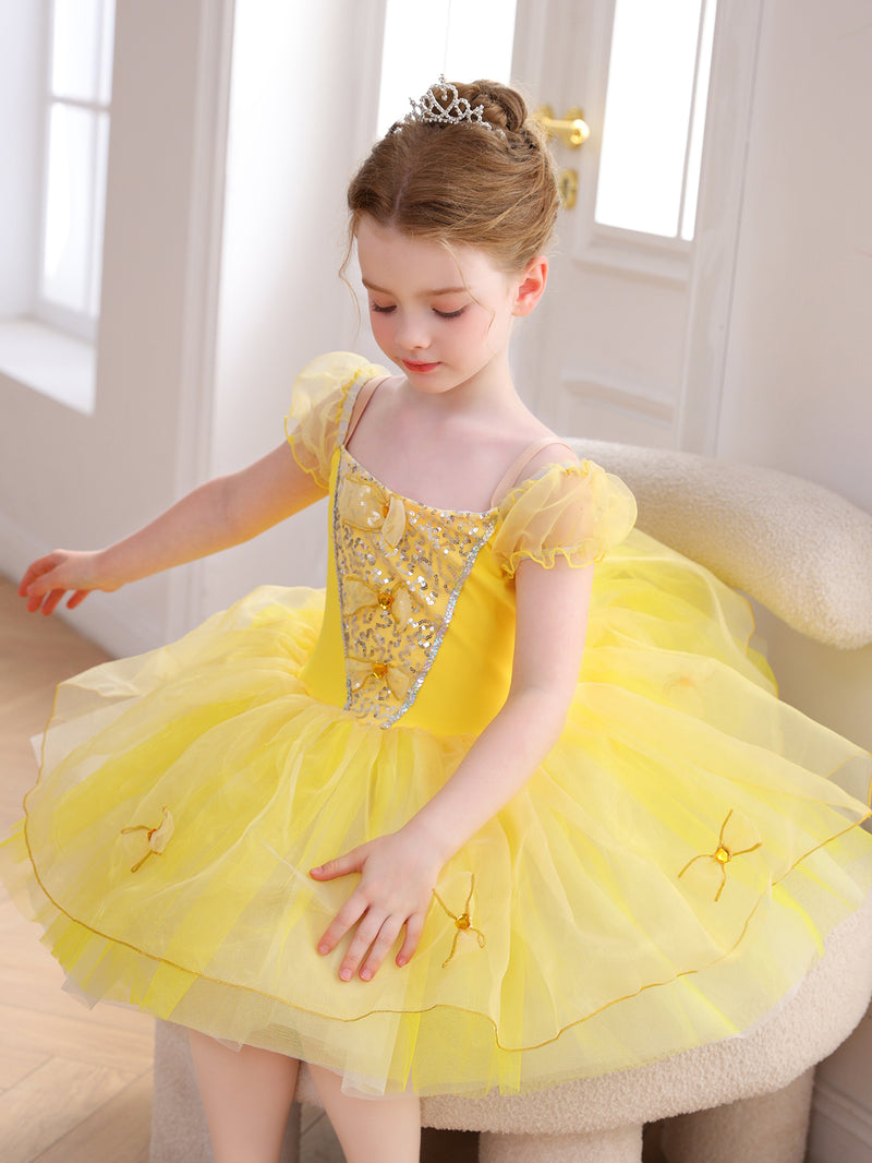 Girls Yellow Bow & Sequin Ballet Tutu Dress, Puff Sleeve Dance Costume-ALP078