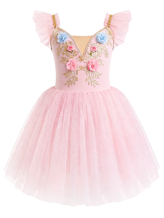 Girls Floral Embroidery Flutter Sleeve Ballet Leotard Princess Tutu Dress-ALP060