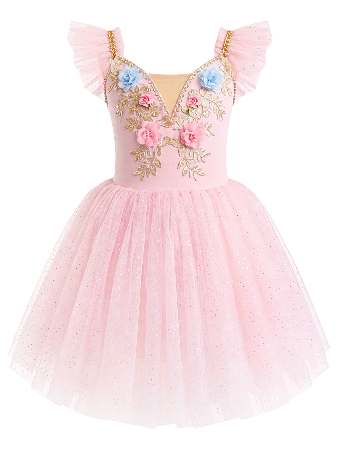 Girls Floral Embroidery Flutter Sleeve Ballet Leotard Princess Tutu Dress-ALP060