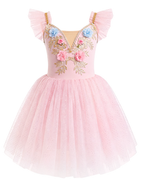 Girls Floral Embroidery Flutter Sleeve Ballet Leotard Princess Tutu Dress-ALP060