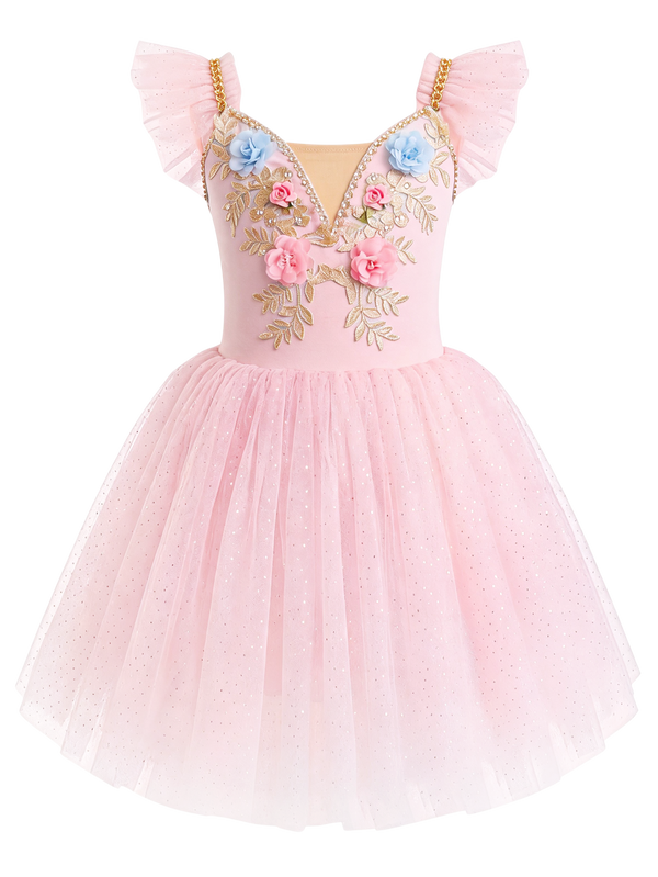 Girls Floral Embroidery Flutter Sleeve Ballet Leotard Princess Tutu Dress-ALP060