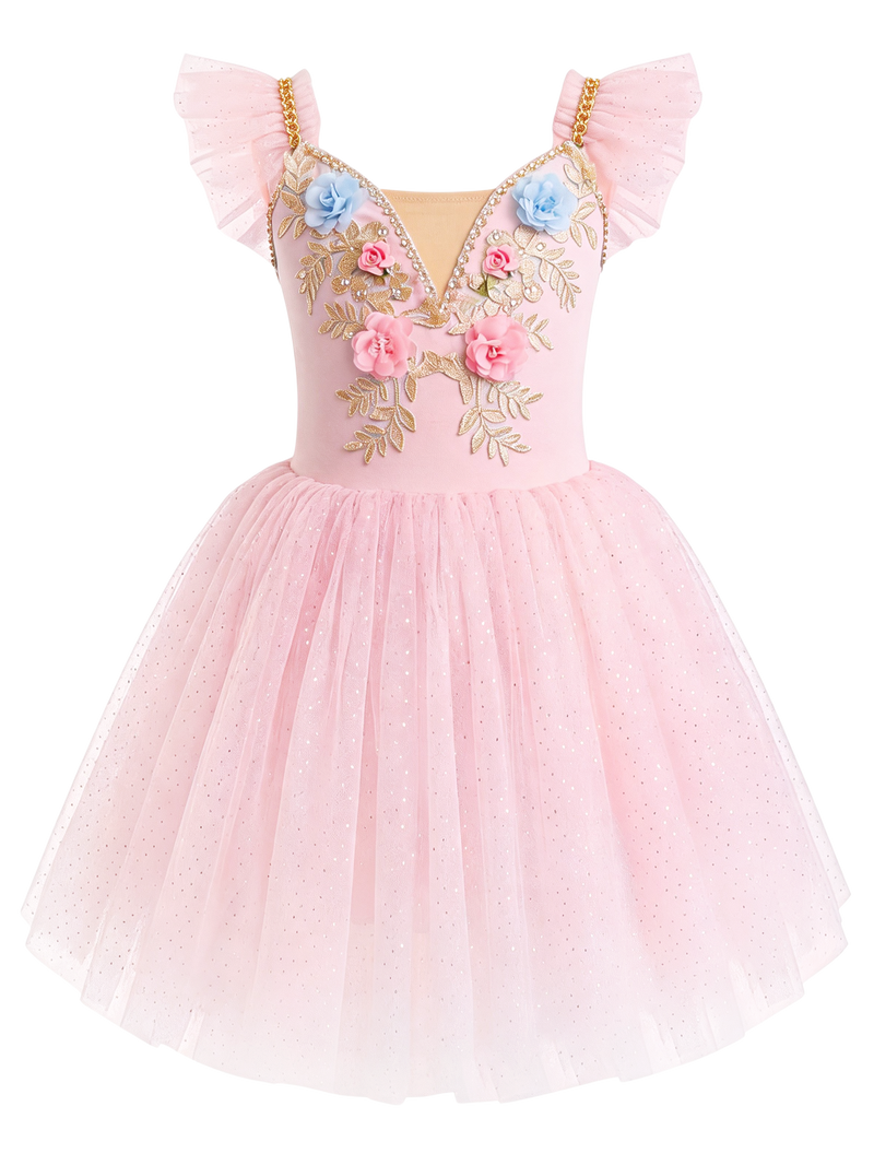 Girls Floral Embroidery Flutter Sleeve Ballet Leotard Princess Tutu Dress-ALP060