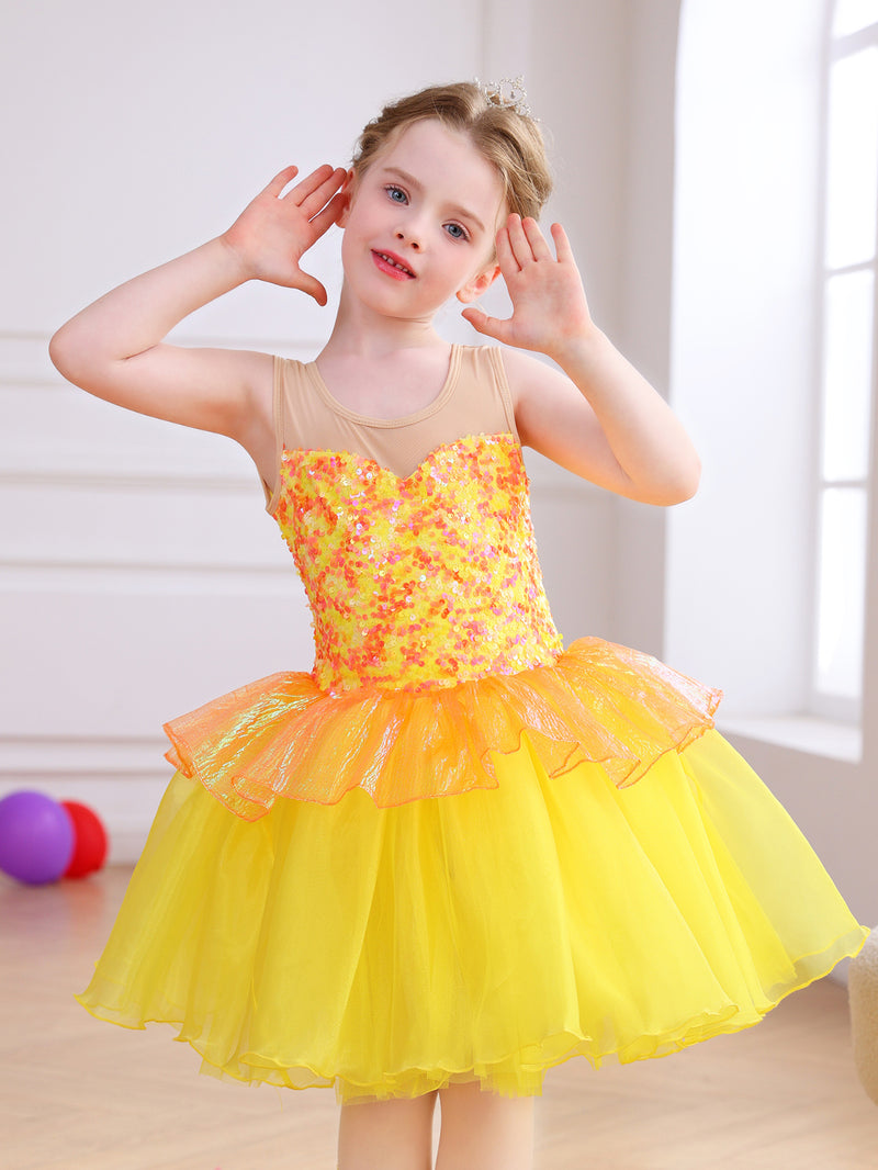 Girls Yellow Sequin Ballet Tutu Dress, Sparkle Performance Costume-ALP076