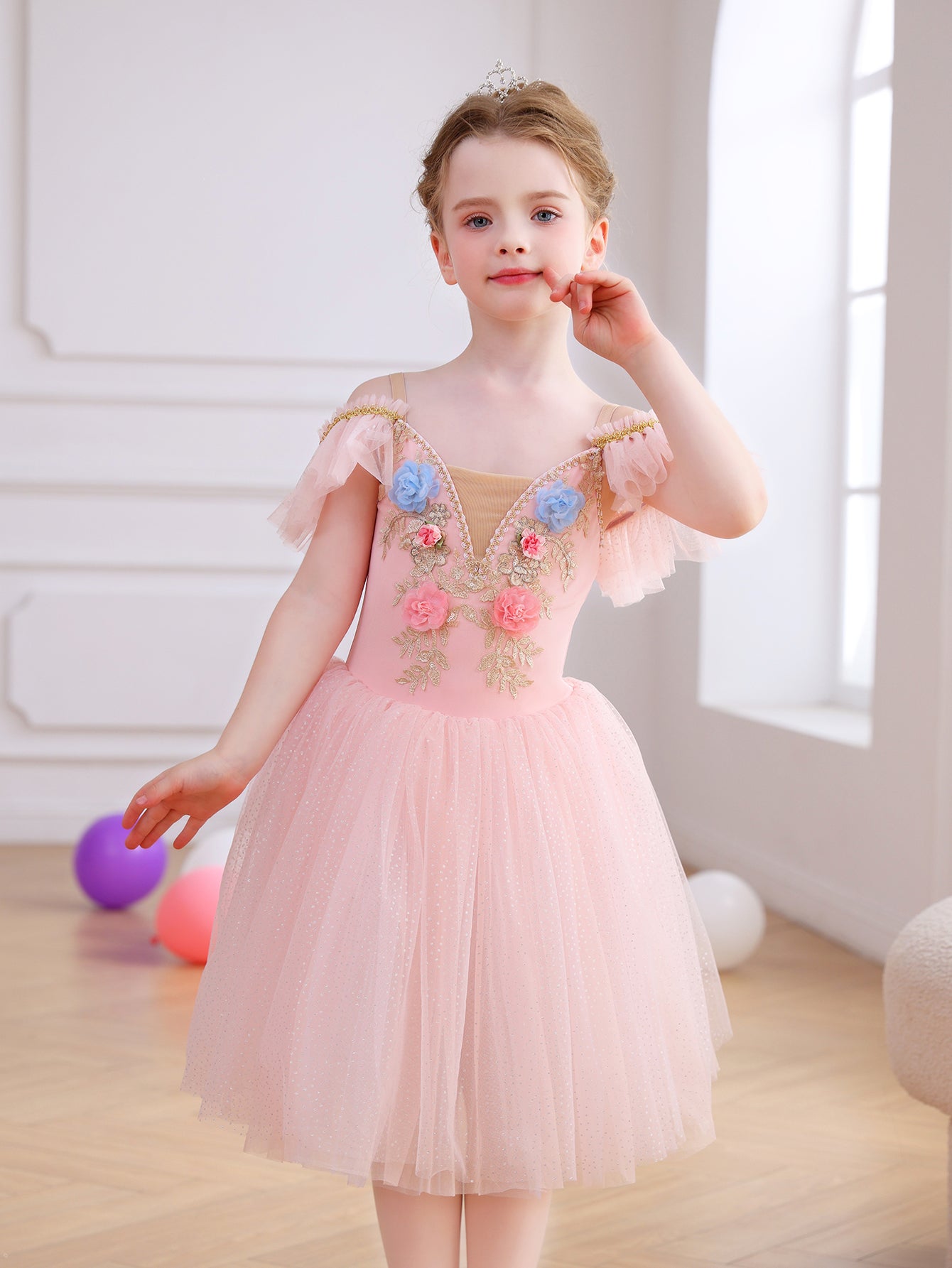 Girls Floral Embroidery Flutter Sleeve Ballet Leotard Princess Tutu Dress-ALP060