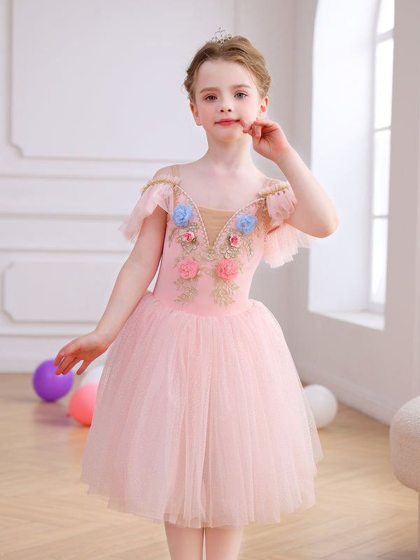 Girls Floral Embroidery Flutter Sleeve Ballet Leotard Princess Tutu Dress-ALP060
