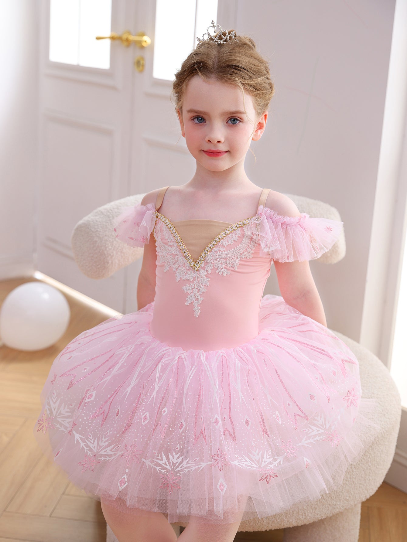 Girls Pink Snowflake Lace Ballet Tutu Dress, Ruffle Sleeve Dance Costume-ALP057