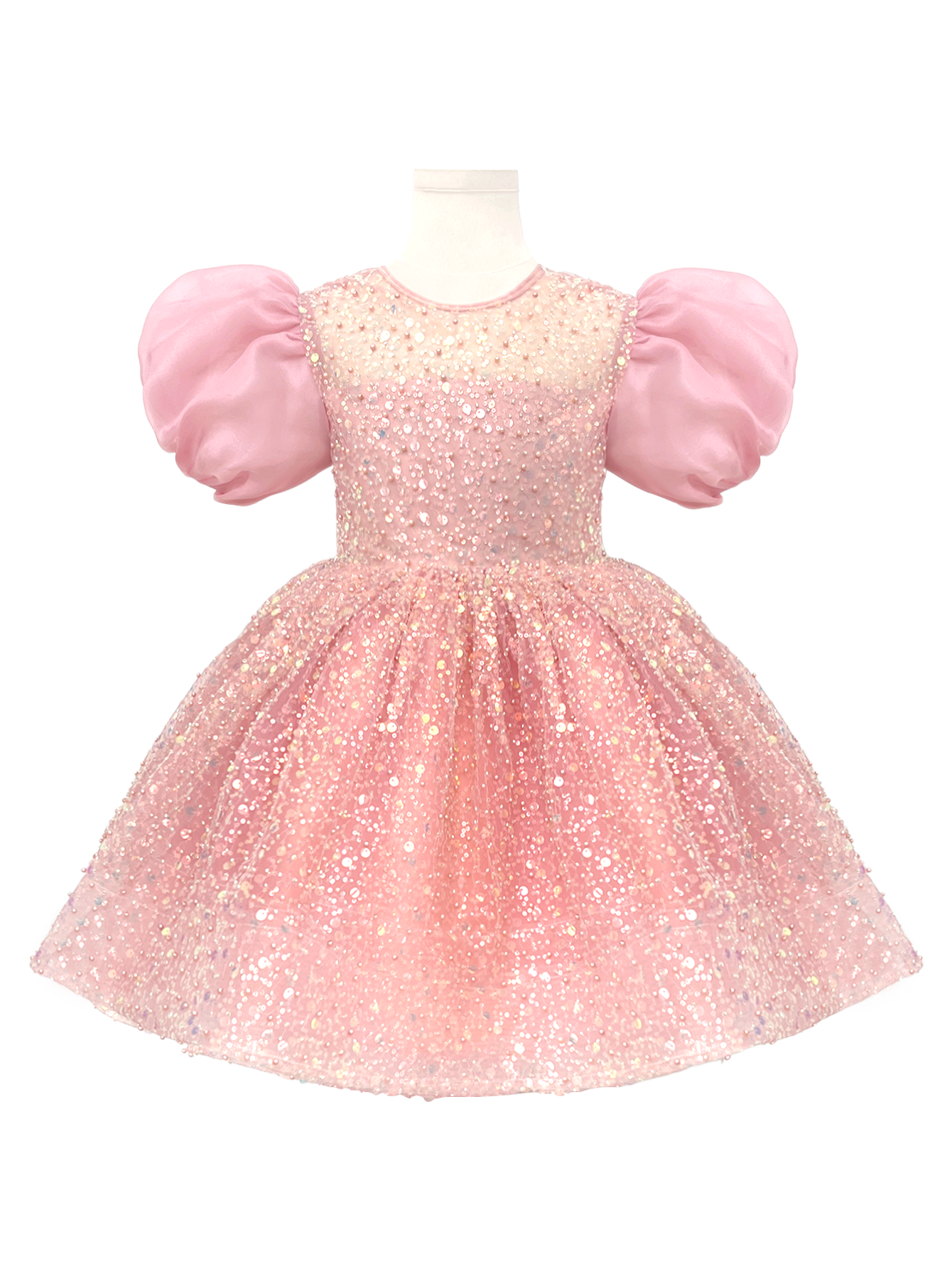 Pink Sequin Puff Sleeve Flower Girl Dress-J284