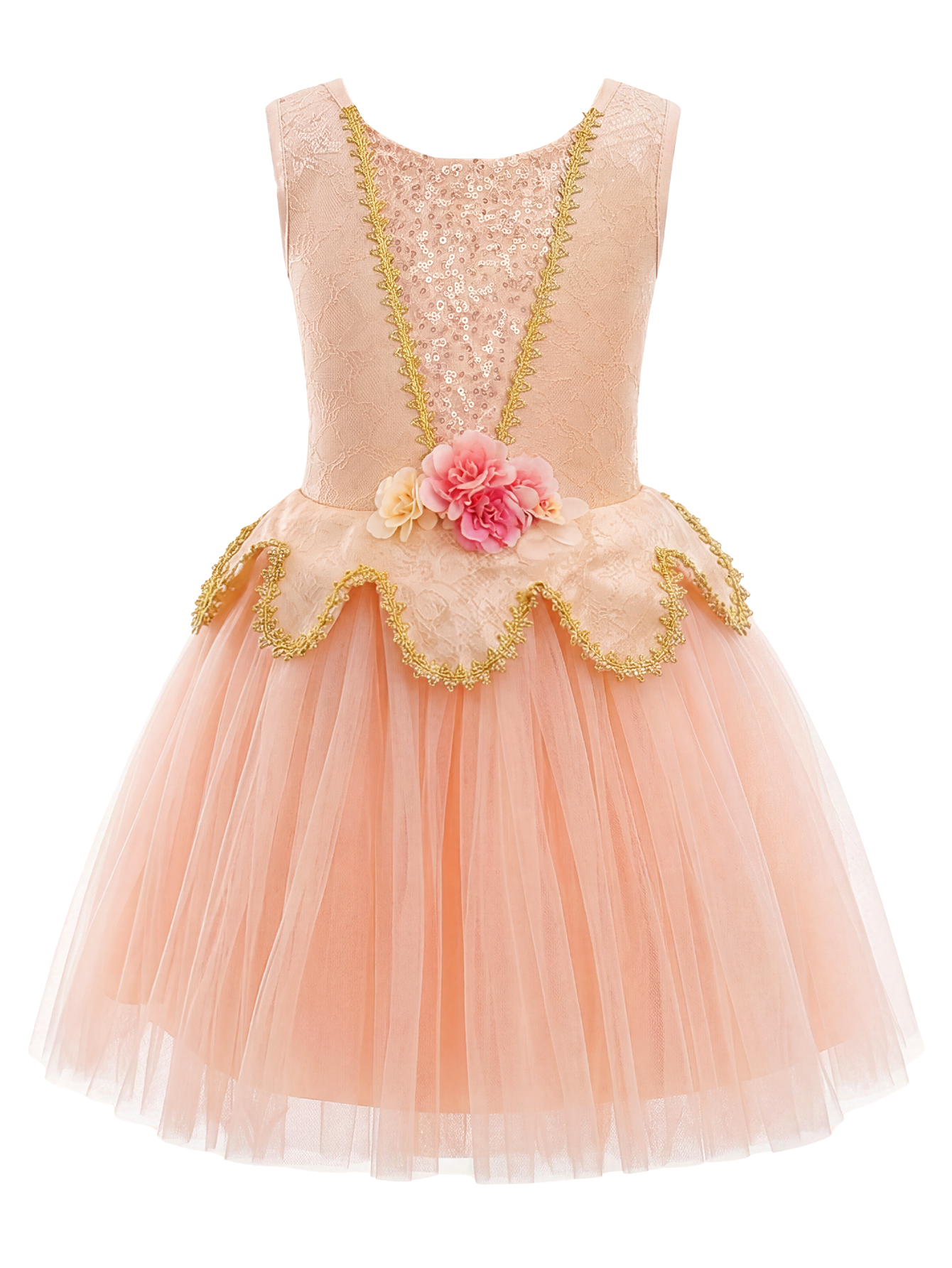 Kids Sleeveless Gold Trim Flower Princess Dance Costume