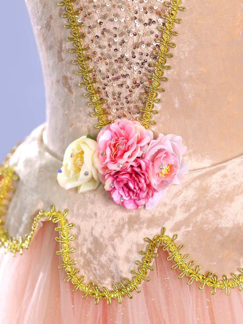Kids Sleeveless Gold Trim Flower Princess Dance Costume