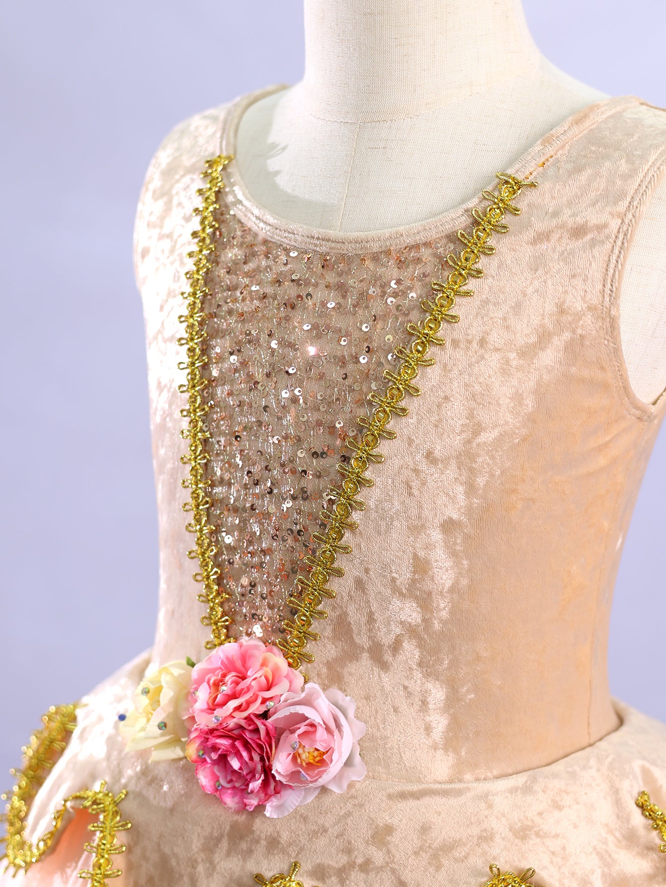 Kids Sleeveless Gold Trim Flower Princess Dance Costume