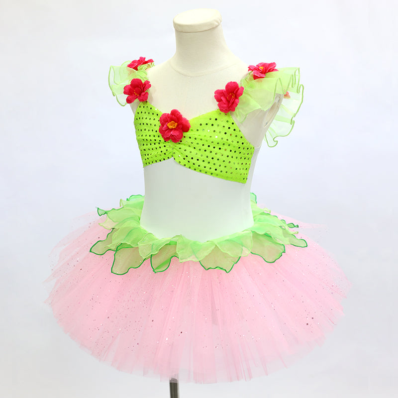 Green & Pink Sequined Ballet Tutu Dress for Dance Performance| Ready-to-Ship