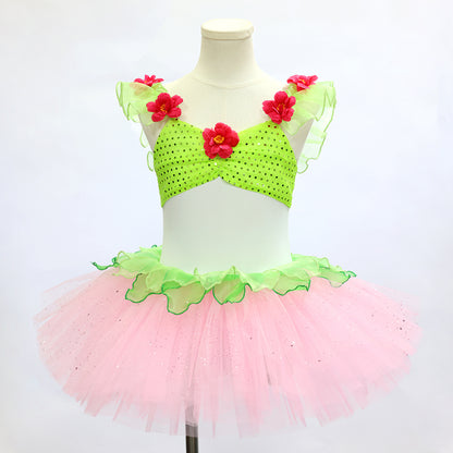 Green & Pink Sequined Ballet Tutu Dress for Dance Performance| Ready-to-Ship