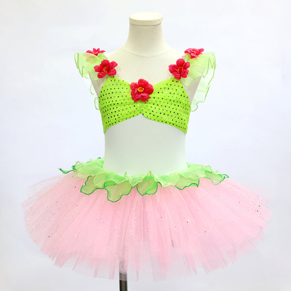 Green & Pink Sequined Ballet Tutu Dress for Dance Performance| Ready-to-Ship