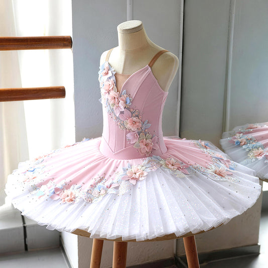 Handmade Pancake Tutu Floral Applique Professional Ballet Stage Performance Costume-MDT1894