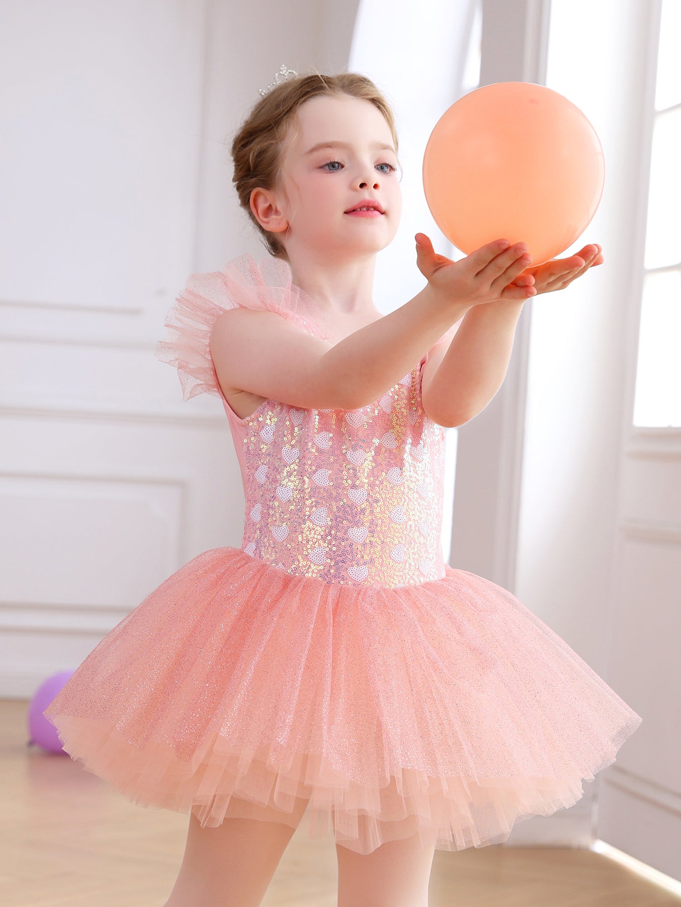 Girls Pink Heart Sequin Ballet Tutu Dress, Sparkly Tulle Dance Costume-ALP055