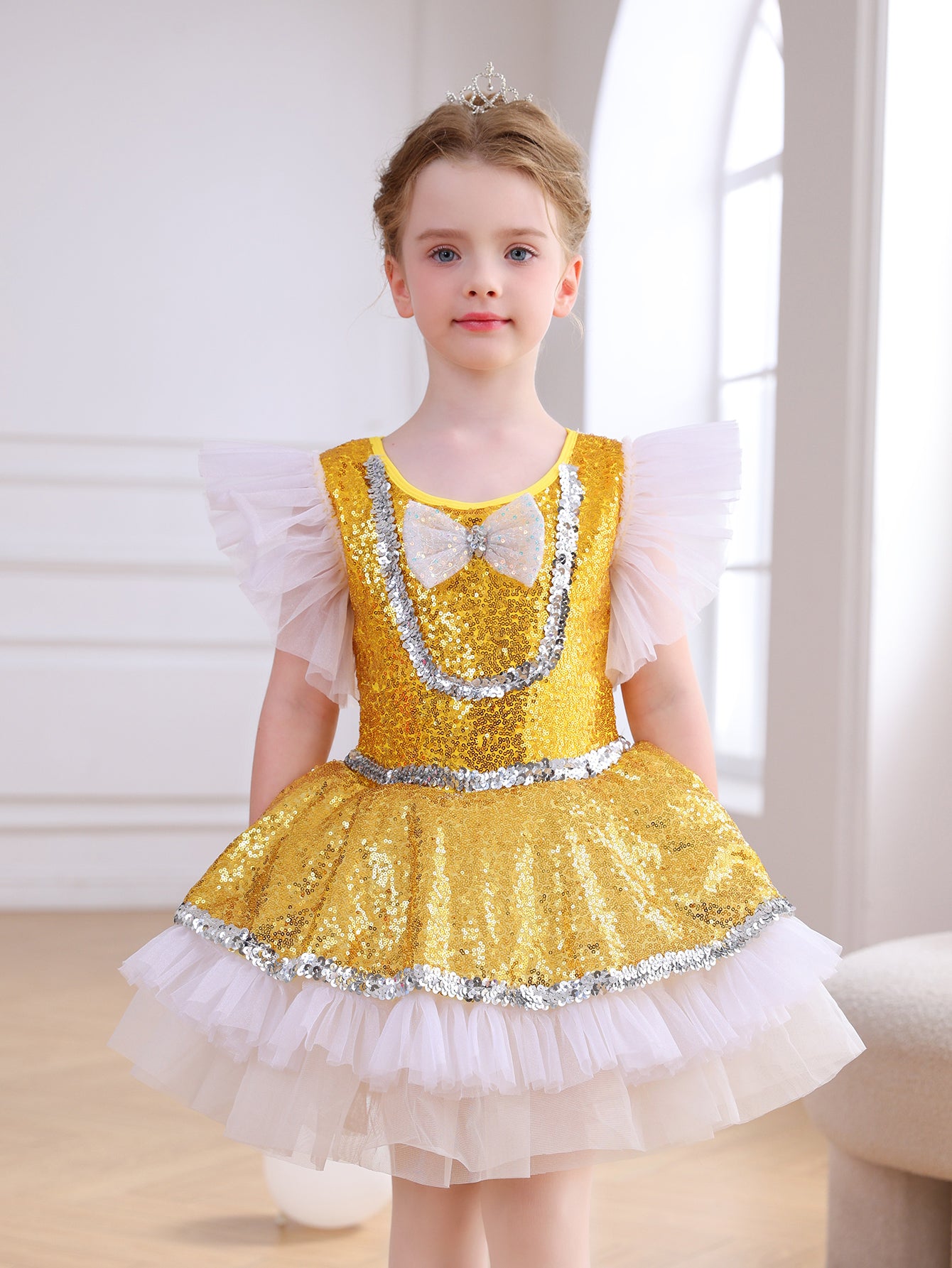 Girls Gold Sequin Ballet Tutu Dress, Puff Sleeve Sparkle Dance Costume-ALP065