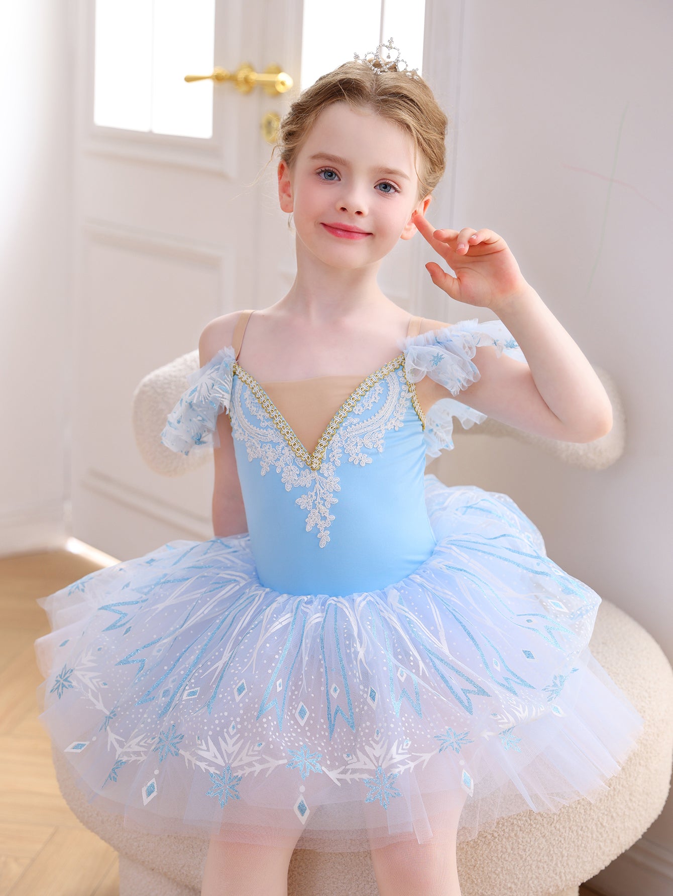 Girls Pink Snowflake Lace Ballet Tutu Dress, Ruffle Sleeve Dance Costume-ALP057