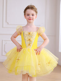 Girls Yellow Bow & Sequin Ballet Tutu Dress, Puff Sleeve Dance Costume-ALP078