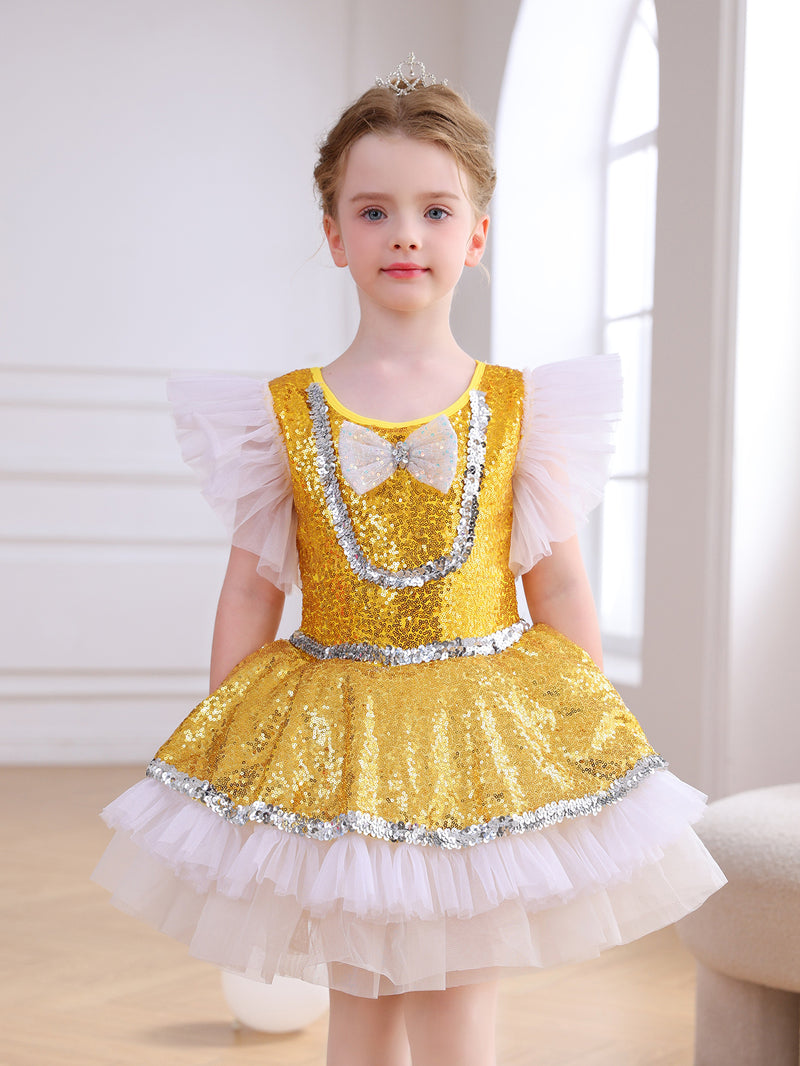 Girls Gold Sequin Ballet Tutu Dress, Puff Sleeve Sparkle Dance Costume-ALP065
