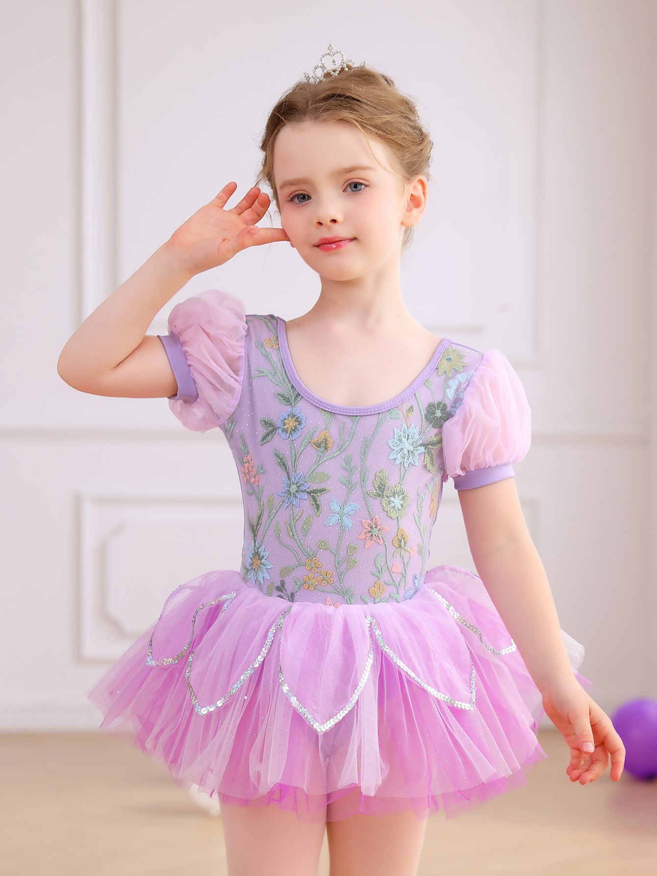 Girls Floral Embroidery Ballet Tutu Dress, Puff Sleeve Dance Costume-ALP045