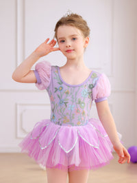 Girls Floral Embroidery Ballet Tutu Dress, Puff Sleeve Dance Costume-ALP045