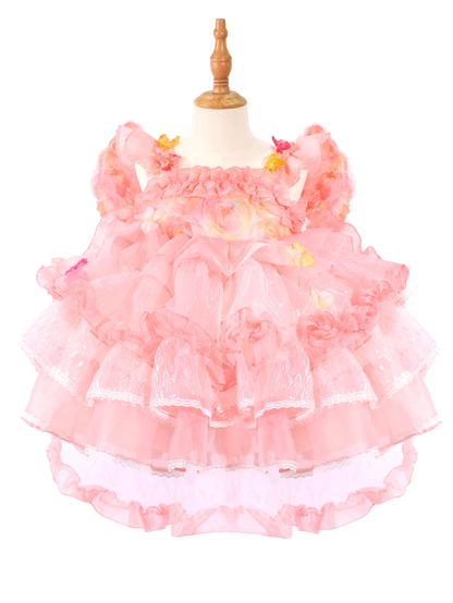 Pink Floral Princess Tutu Dress - Toddler Girl Lace Lolita Party Gown-W26053