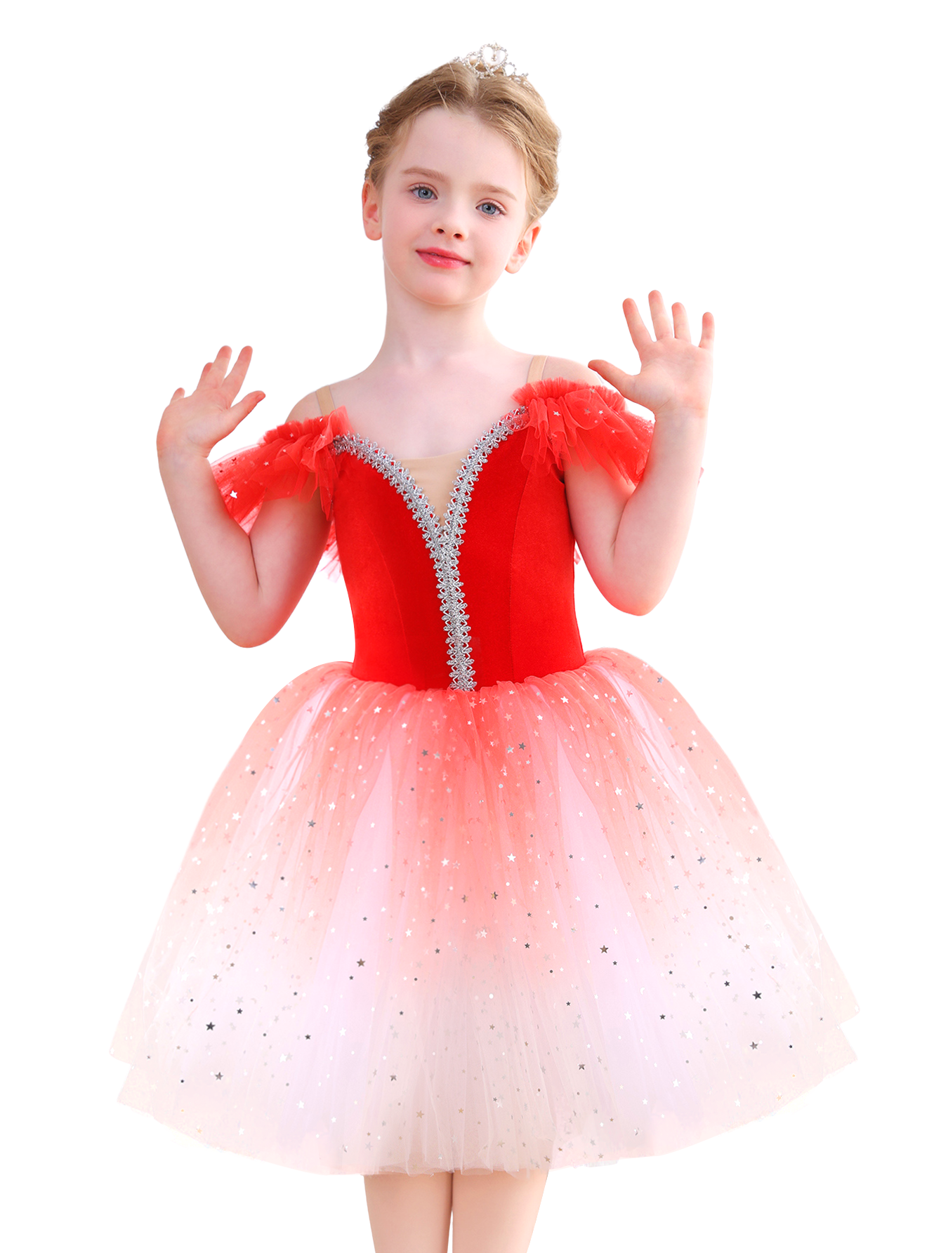Sparkly Ombre Red Girls Ballet Tutu Dress Velvet Dance Party Performance Costume-ALP070