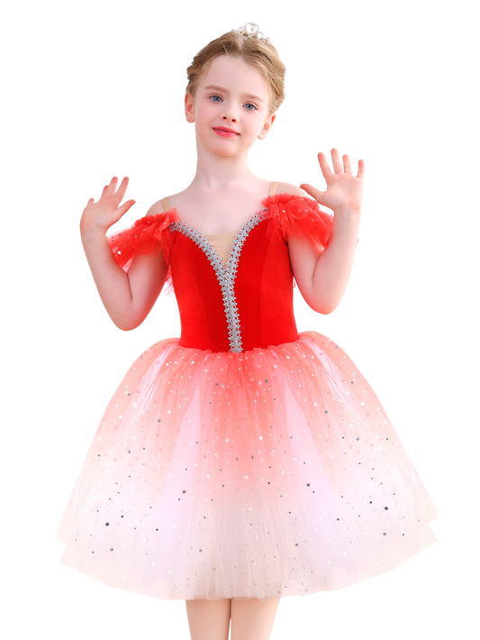 Sparkly Ombre Red Girls Ballet Tutu Dress Velvet Dance Party Performance Costume-ALP070
