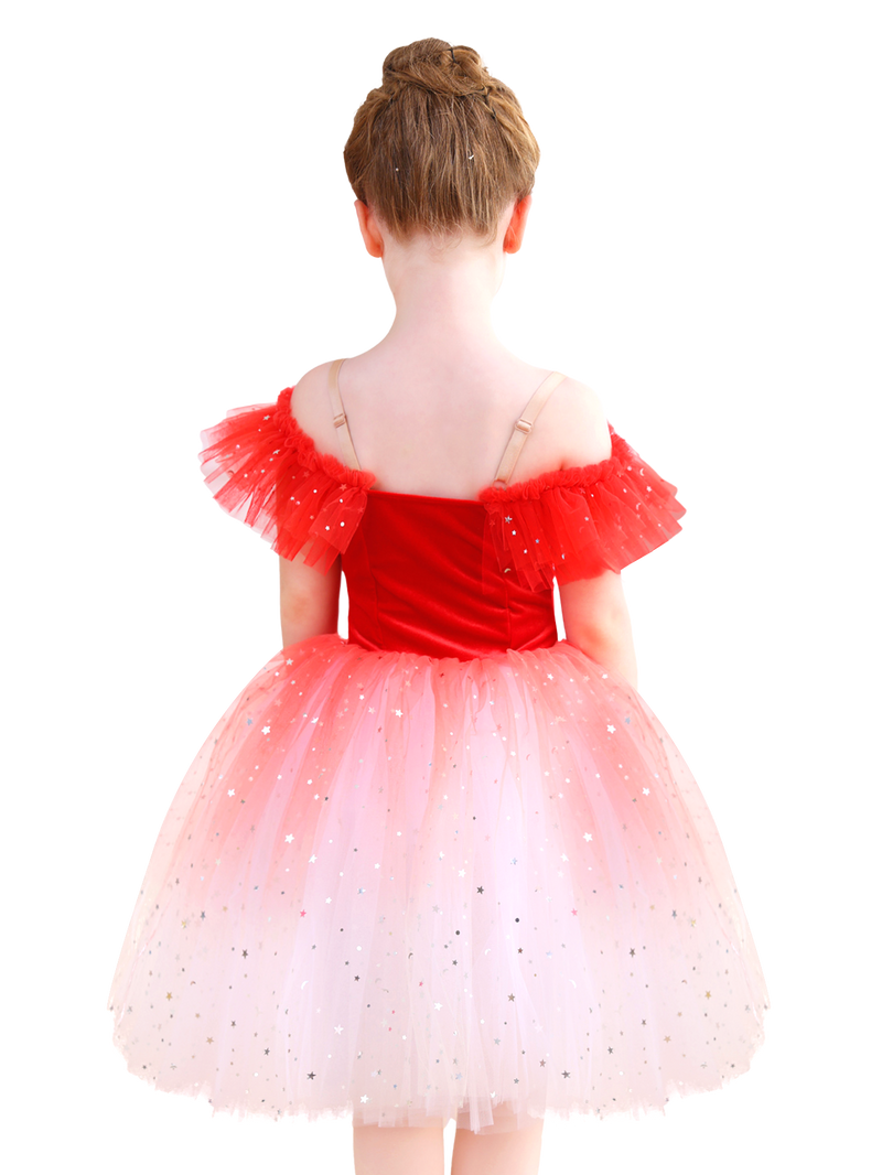 Sparkly Ombre Red Girls Ballet Tutu Dress Velvet Dance Party Performance Costume-ALP070