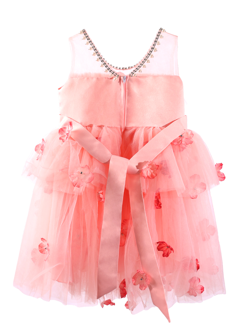 Girls Pink Tulle Princess Gown with 3D Flowers